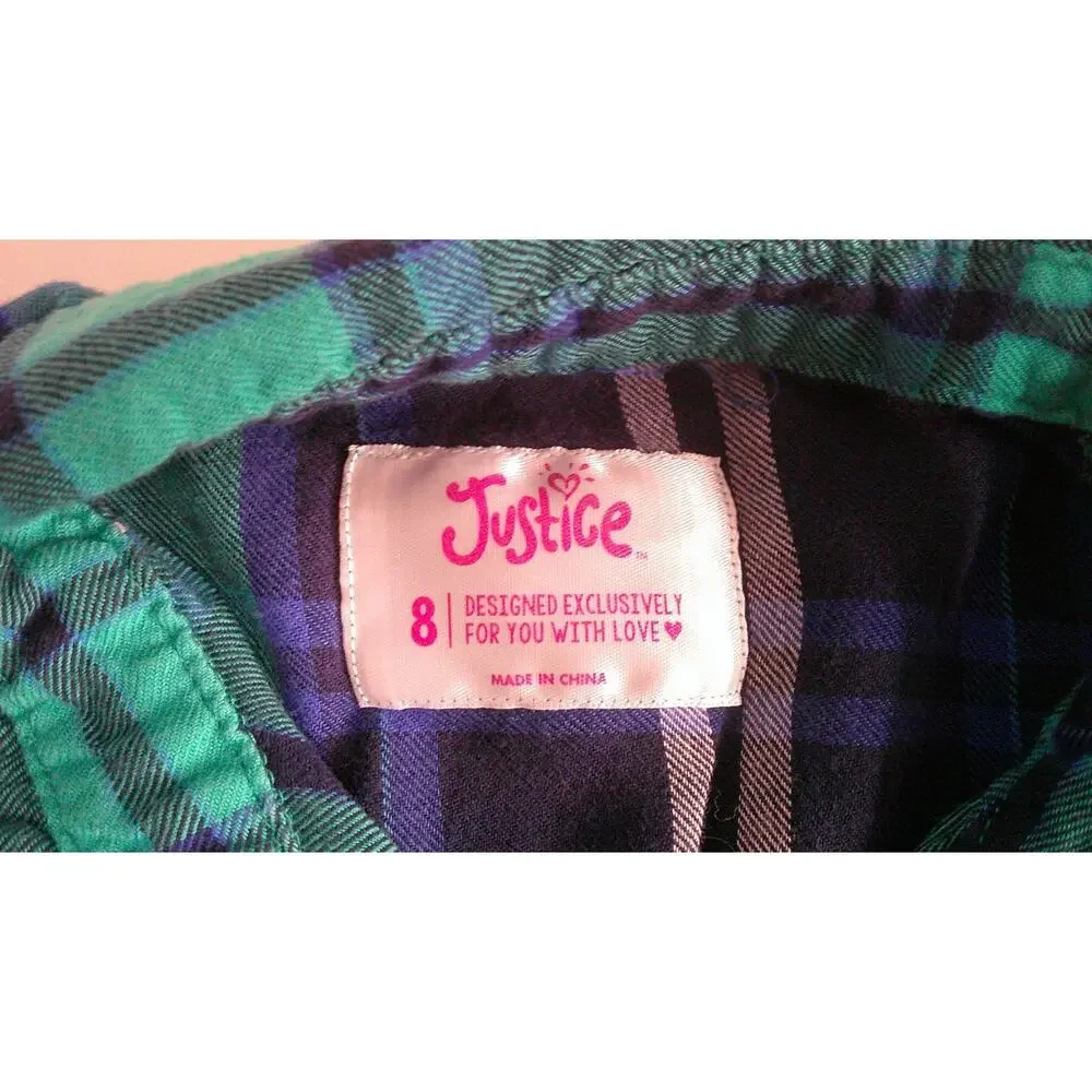 Justice Girls 8 Blue Teal Plaid Long Sleeve Button-up with Rhinestones